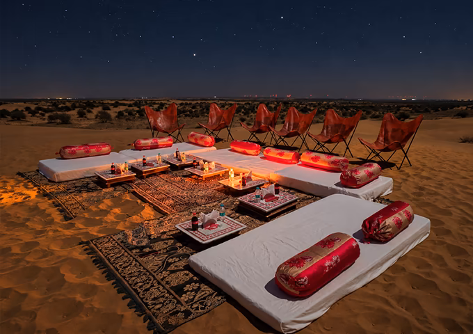 Private dinner setup on the dunes in Jaisalmer