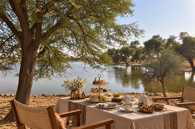 High tea beside a natural desert oasis near Jaisalmer