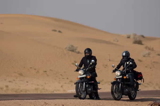 Motorbike ride along desert trails around Jaisalmer