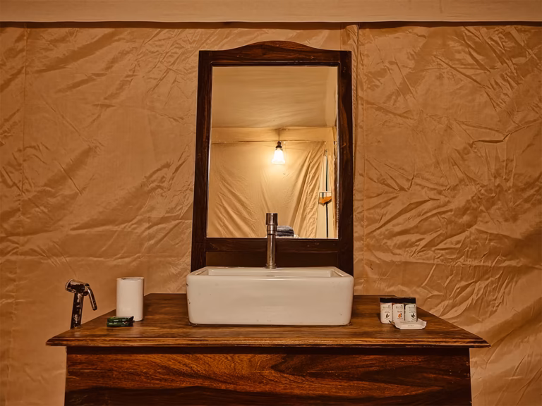 Bathroom amenities in the Deluxe Swiss Tent at Venture Desert Camp