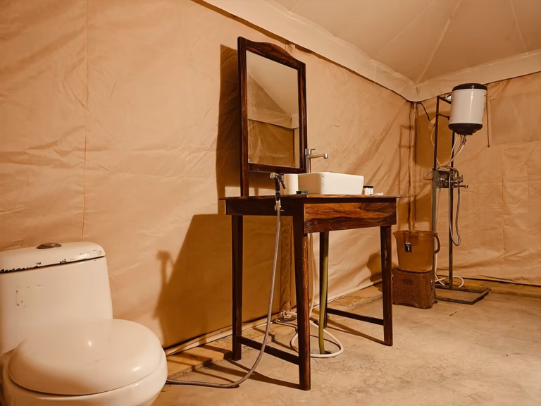 Attached bathroom with washbasin, mirror and shower in the Deluxe Swiss Tent