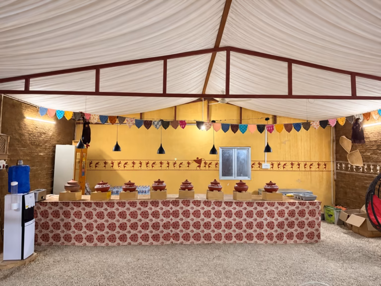 Vegetarian buffet setup at Venture Desert Camp near Sam Sand Dunes