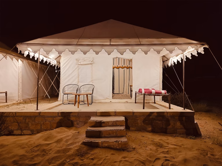 Deluxe Swiss Tent exterior at Venture Desert Camp in Jaisalmer