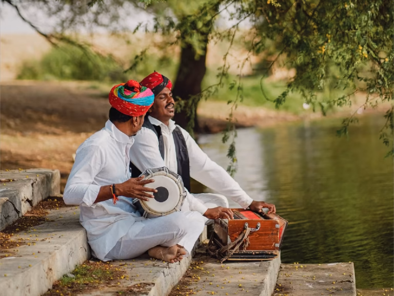 Rajasthani folk musicians performing during high tea in Jaisalmer