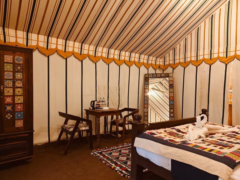 Indoor seating area inside the Luxury Swiss Tent