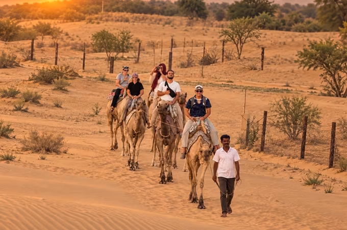 Camel safari across the Jaisalmer desert dunes