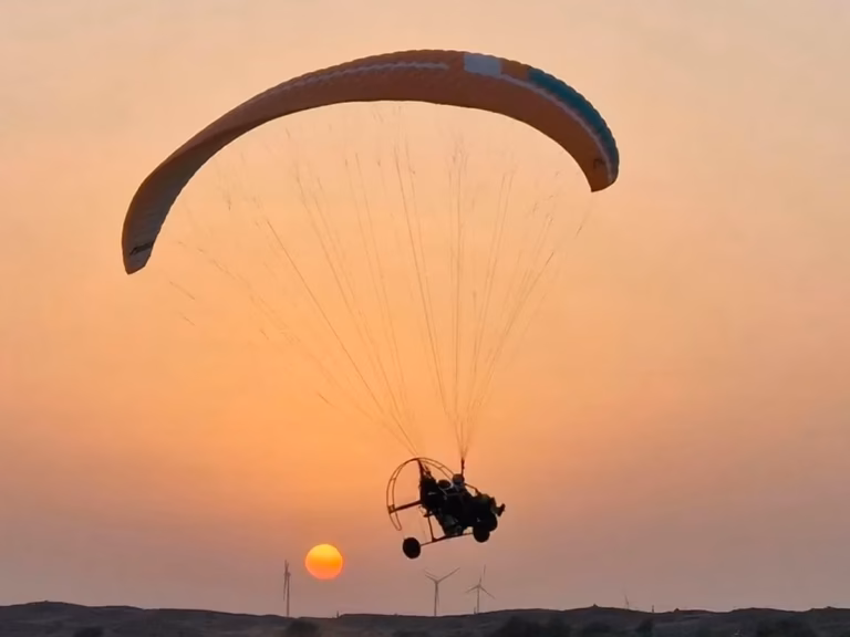 Paramotoring activity over the desert near Sam Sand Dunes, Jaisalmer