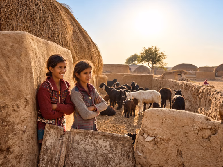 Children and goats in a traditional desert village near Jaisalmer