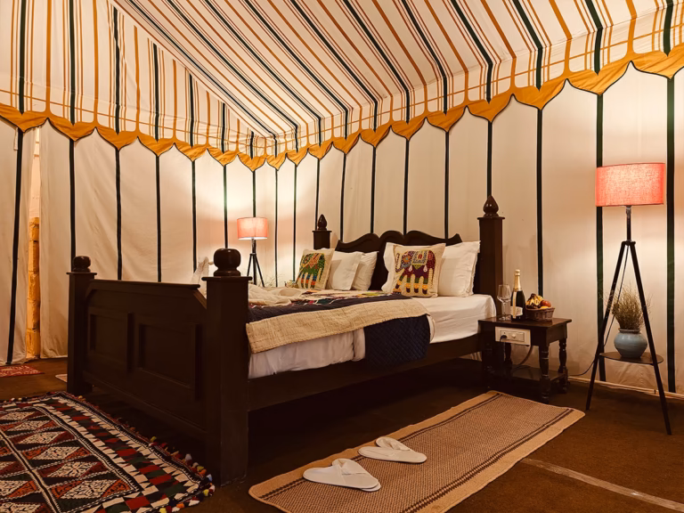 King bed inside the Luxury Swiss Tent in Jaisalmer