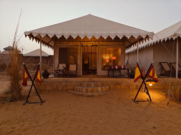 Luxury Swiss Tent exterior at Venture Desert Camp in Jaisalmer