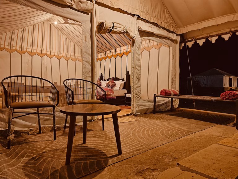 View from the Super Deluxe Swiss Tent towards the outdoor seating area