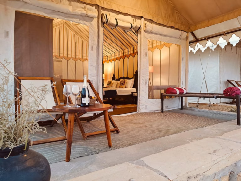 Outdoor lounge chairs outside the Luxury Swiss Tent in Jaisalmer