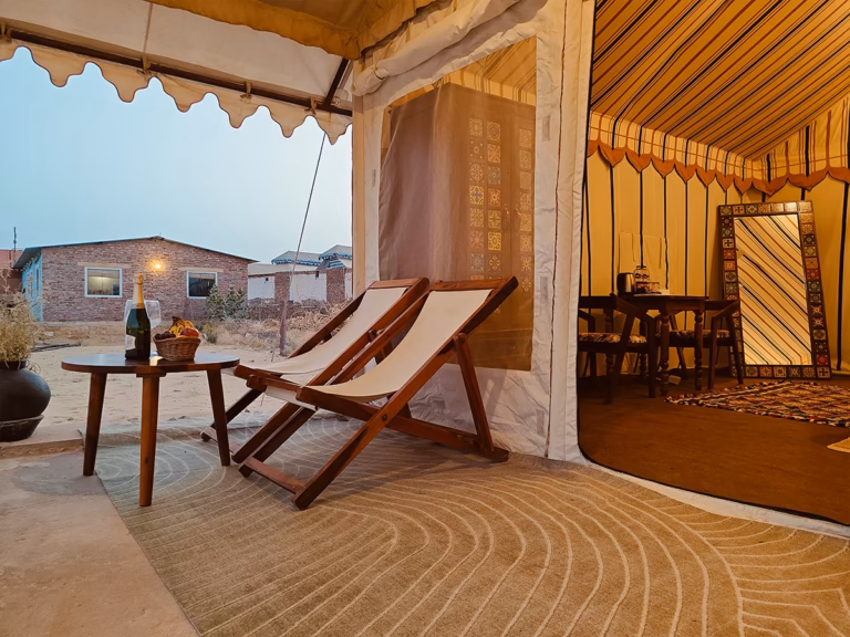 Outdoor lounge chairs outside the Luxury Swiss Tent in Jaisalmer