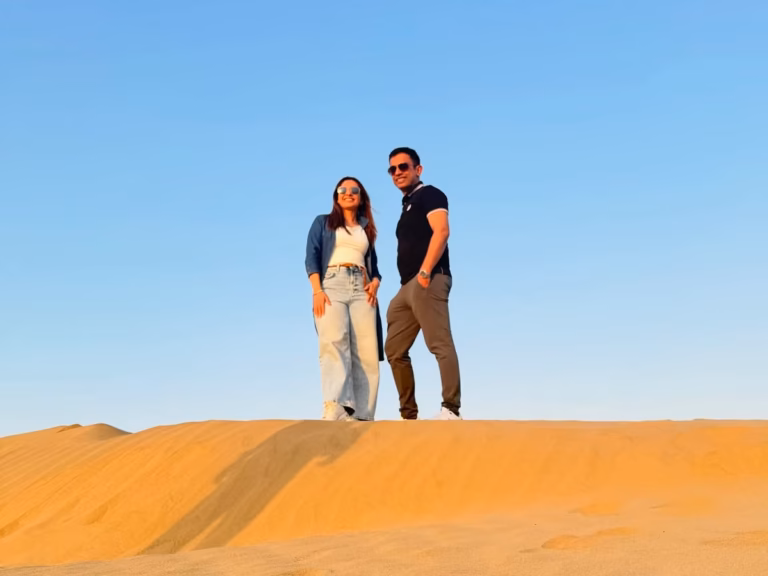 Camel safari at sunset on the dunes near Jaisalmer