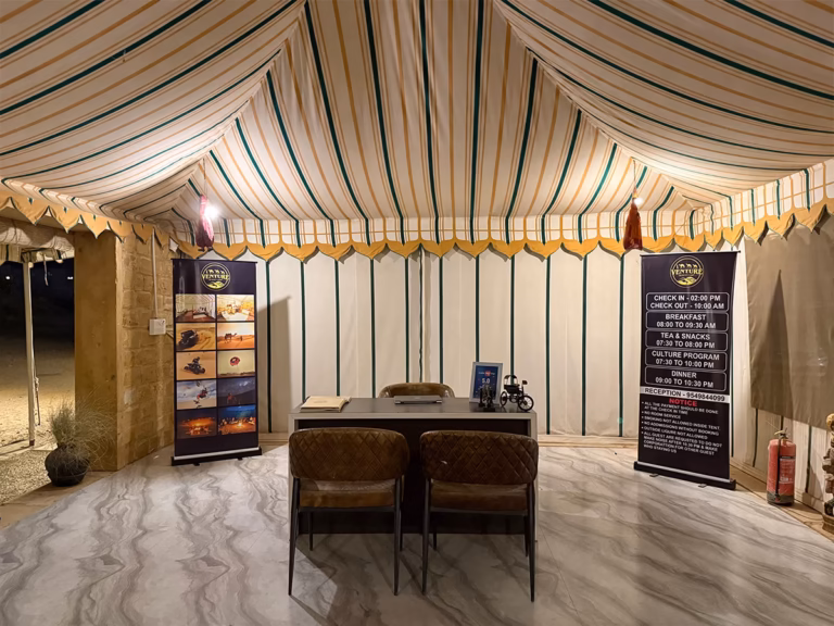 Reception desk inside Venture Desert Camp in Jaisalmer