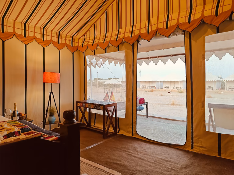 Desert view from inside the Luxury Swiss Tent near Sam Sand Dunes